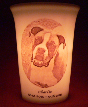 Mourninglight&trade; custom printed glass memorial candle