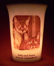 Mourninglight&trade; custom printed glass memorial candle.