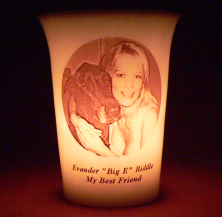 Mourninglight&trade; custom printed glass memorial candle