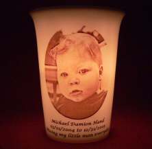 Mourninglights&trade; custom printed glass memorial candle
